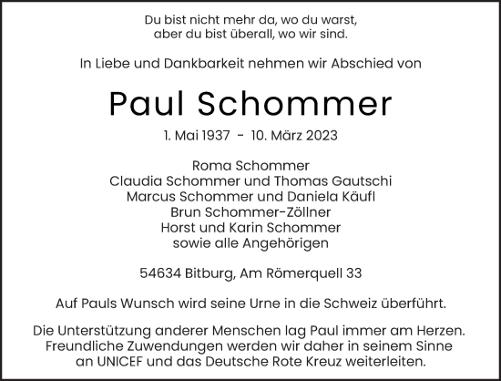Todesanzeige von Paul Schommer von trierischer_volksfreund