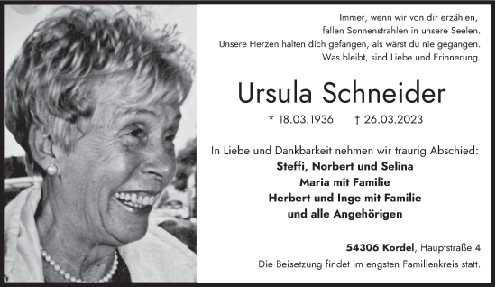 Todesanzeige von Ursula Schneider von trierischer_volksfreund