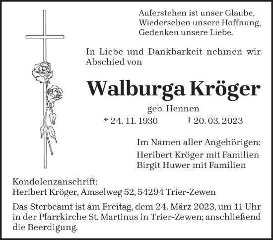 Todesanzeige von Walburga Kröger von trierischer_volksfreund