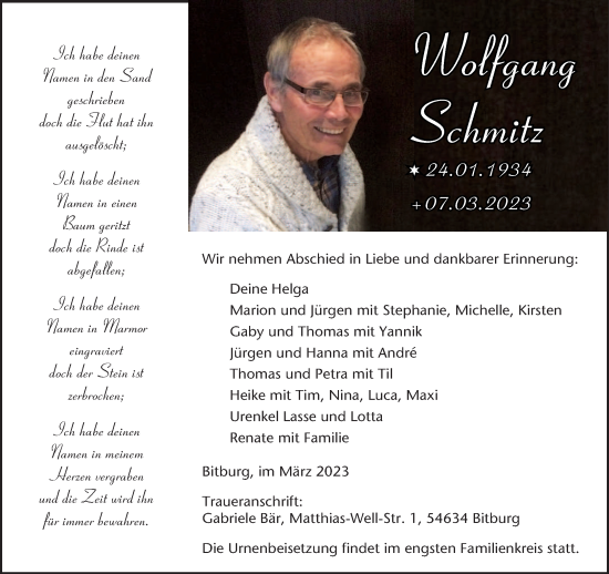 Todesanzeige von Wolfgang Schmitz von trierischer_volksfreund