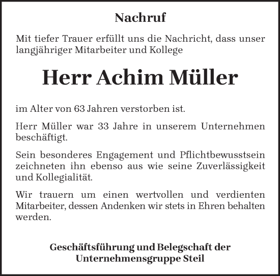 Todesanzeige von Achim Müller von trierischer_volksfreund