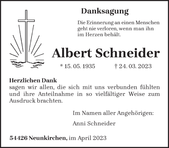 Todesanzeige von Albert Schneider von trierischer_volksfreund