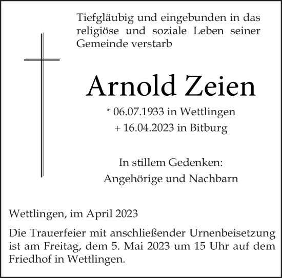 Todesanzeige von Arnold Zeien von trierischer_volksfreund