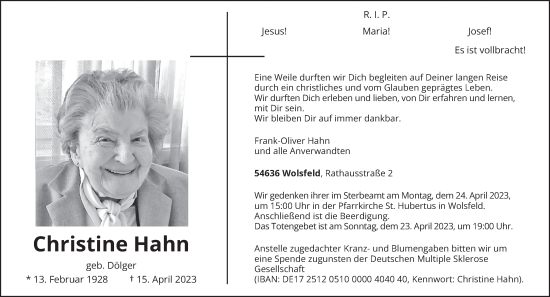 Todesanzeige von Christine Hahn von trierischer_volksfreund