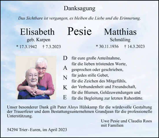 Todesanzeige von Elisabeth und Matthias Pesie von trierischer_volksfreund