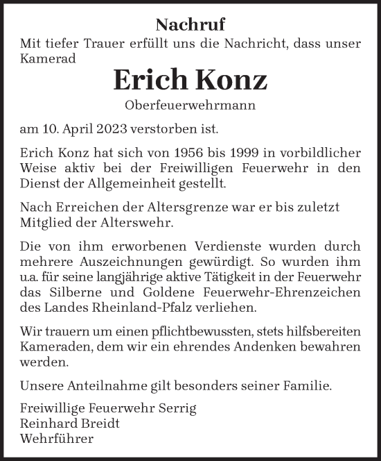 Todesanzeige von Erich Konz von trierischer_volksfreund