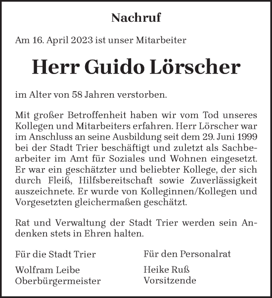 Todesanzeige von Guido Lörscher von trierischer_volksfreund