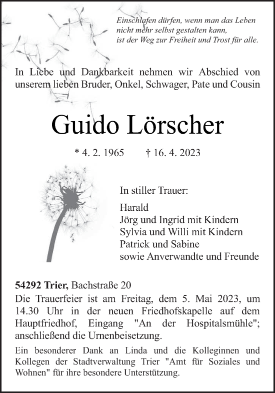 Todesanzeige von Guido Lörscher von trierischer_volksfreund