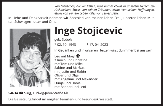 Todesanzeige von Inge Stojicevic von trierischer_volksfreund