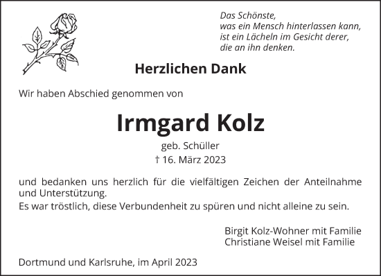 Todesanzeige von Irmgard Kolz von trierischer_volksfreund