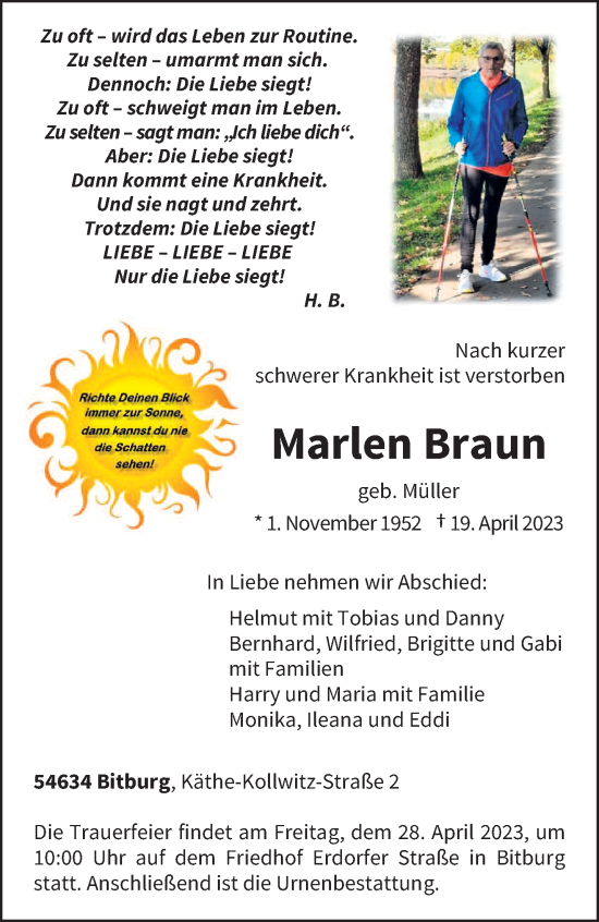 Todesanzeige von Marlen Braun von trierischer_volksfreund