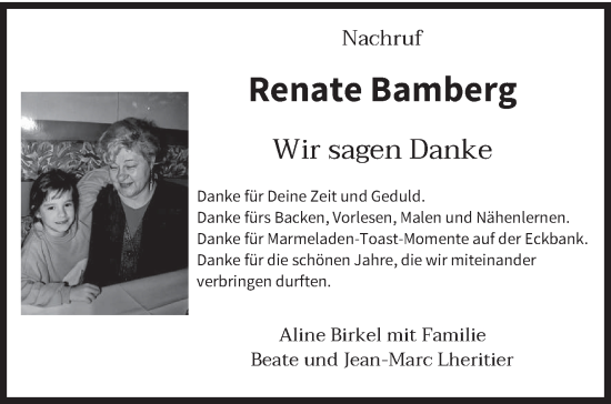 Todesanzeige von Renate Bamberg von trierischer_volksfreund