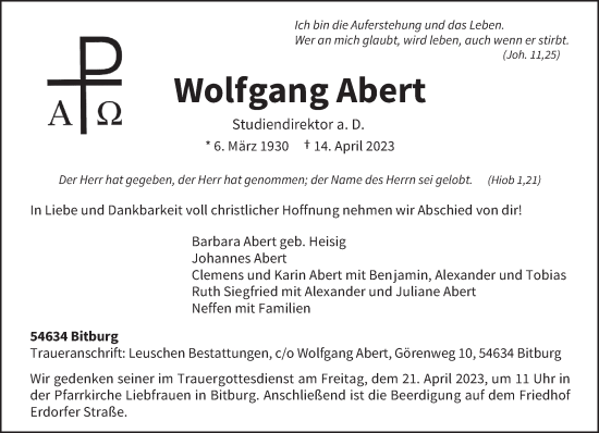 Todesanzeige von Wolfgang Abert von trierischer_volksfreund