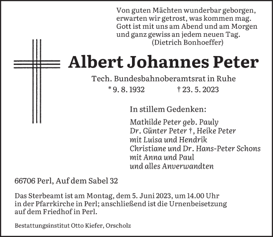 Todesanzeige von Albert Johannes Peter von trierischer_volksfreund