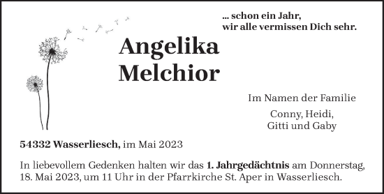 Todesanzeige von Angelika Melchior von trierischer_volksfreund