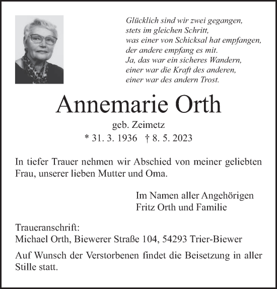 Todesanzeige von Annemarie Orth von trierischer_volksfreund