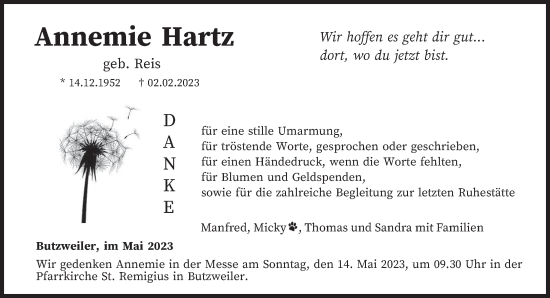 Todesanzeige von Annemie Hartz von trierischer_volksfreund