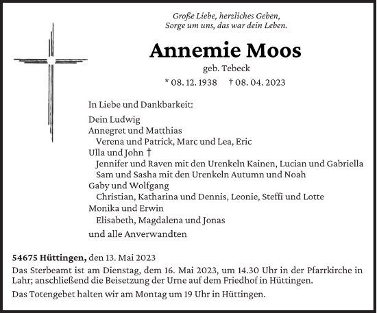 Todesanzeige von Annemie Moos von trierischer_volksfreund