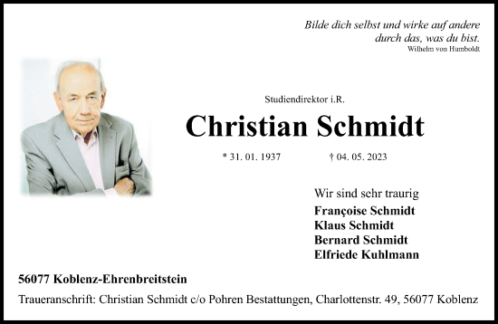 Todesanzeige von Christian Schmidt von trierischer_volksfreund