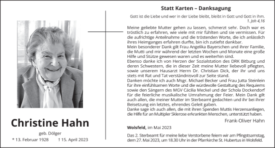Todesanzeige von Christine Hahn von trierischer_volksfreund