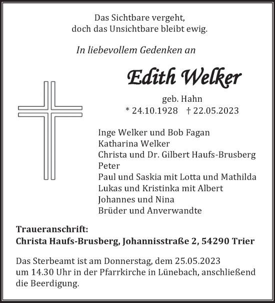 Todesanzeige von Edith Welker von trierischer_volksfreund