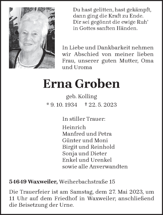 Todesanzeige von Erna Groben von trierischer_volksfreund