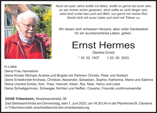 Todesanzeige von Ernst Hermes von trierischer_volksfreund