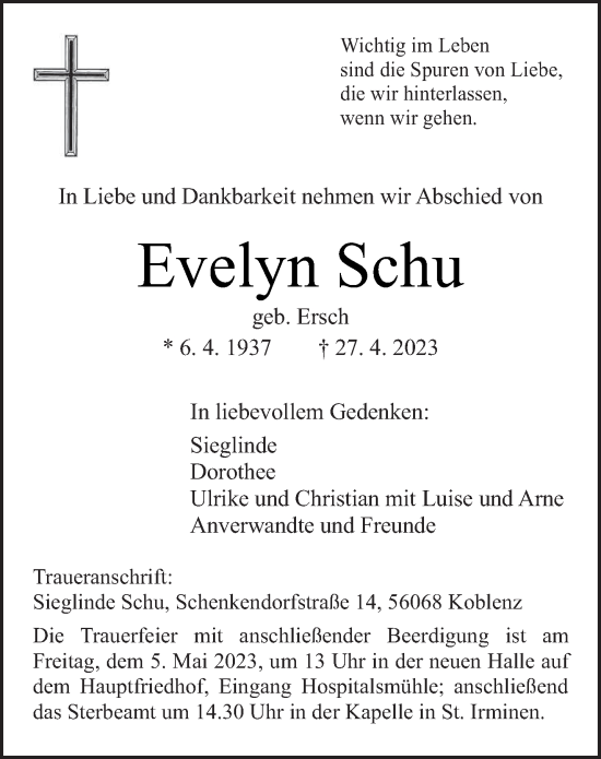 Todesanzeige von Evelyn Schu von trierischer_volksfreund