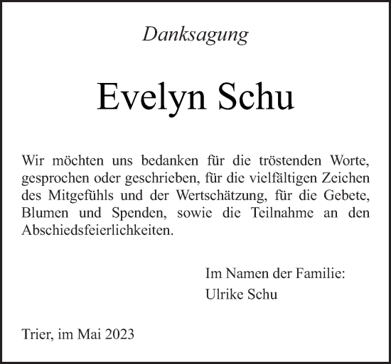 Todesanzeige von Evelyn Schu von trierischer_volksfreund