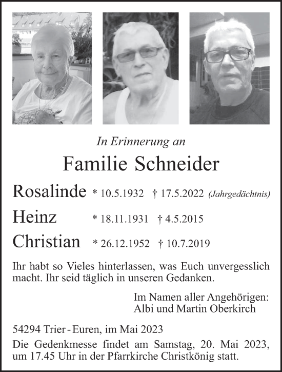Todesanzeige von Familie Schneider von trierischer_volksfreund