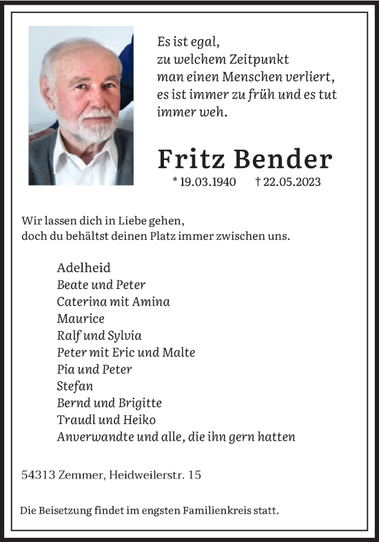Todesanzeige von Fritz Bender von trierischer_volksfreund