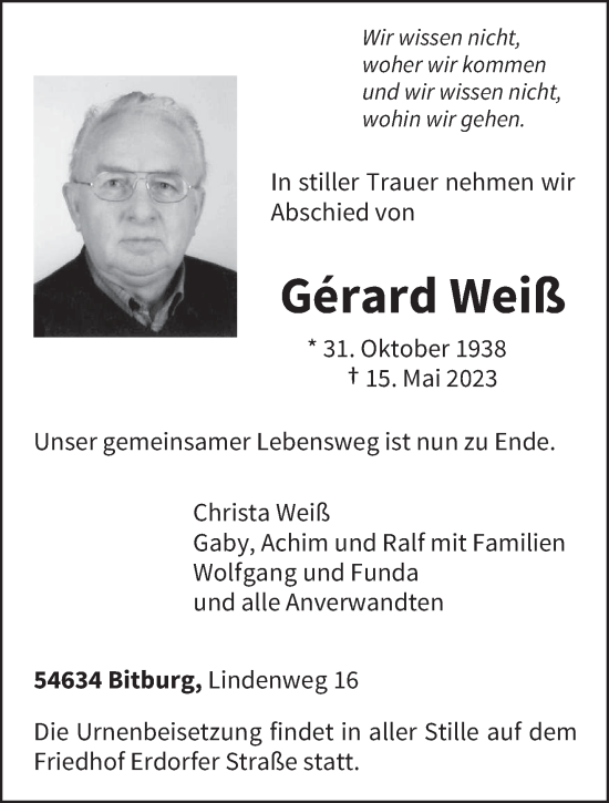 Todesanzeige von Gerard Weiß von trierischer_volksfreund