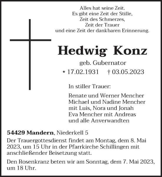 Todesanzeige von Hedwig Konz von trierischer_volksfreund