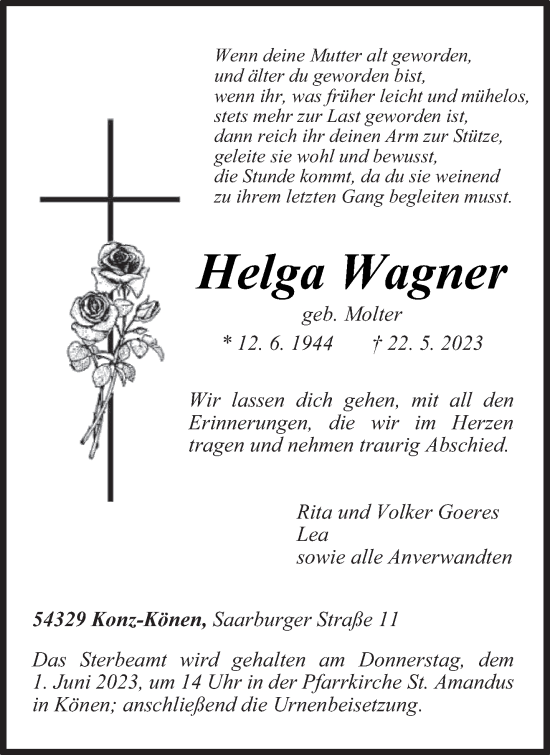 Todesanzeige von Helga Wagner von trierischer_volksfreund