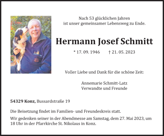 Todesanzeige von Hermann Josef Schmitt von trierischer_volksfreund