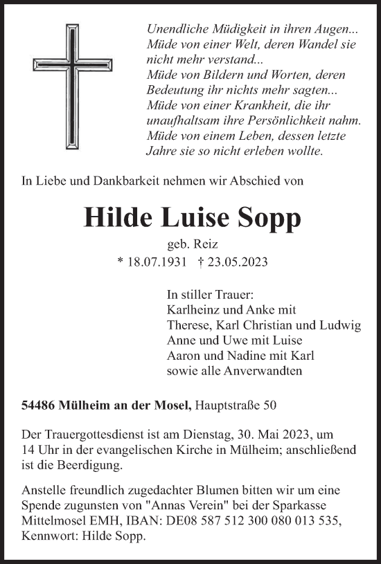 Todesanzeige von Hilde Luise Sopp von trierischer_volksfreund