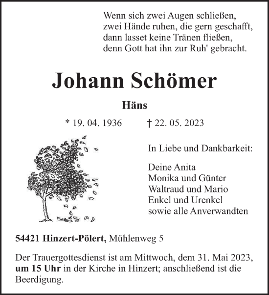 Todesanzeige von Johann Schömer von trierischer_volksfreund