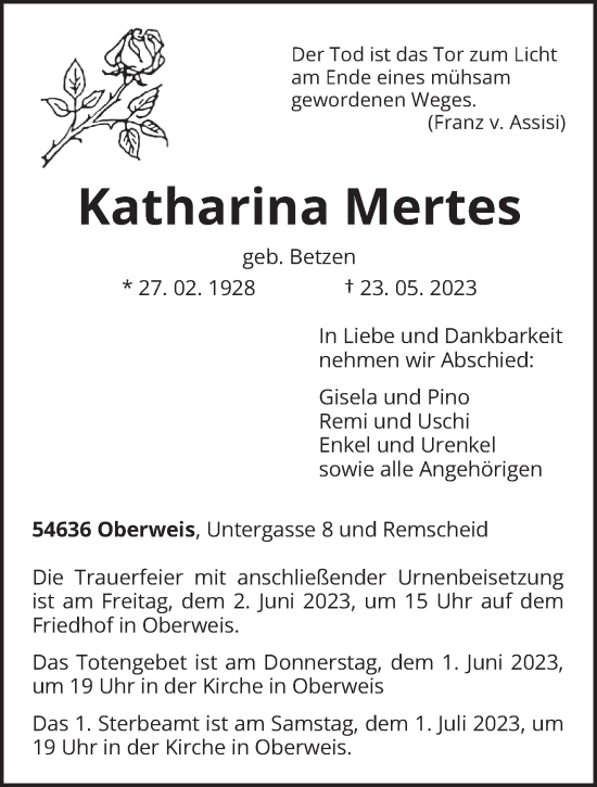 Todesanzeige von Katharina Mertes von trierischer_volksfreund