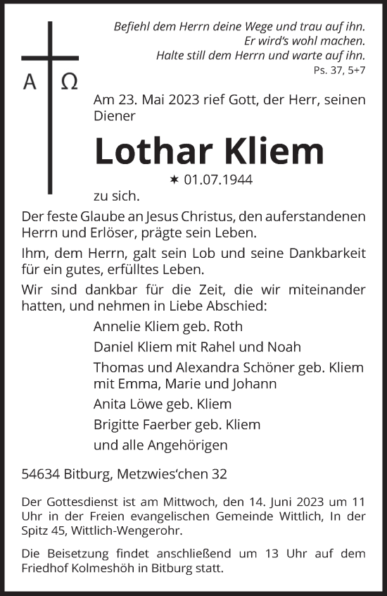 Todesanzeige von Lothar Kliem von trierischer_volksfreund