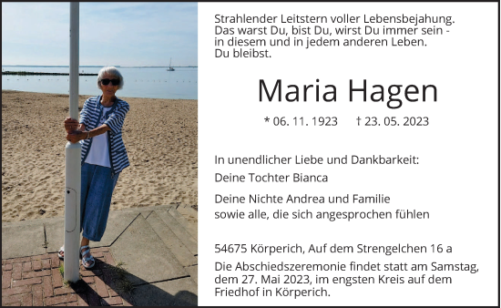 Todesanzeige von Maria Hagen von trierischer_volksfreund