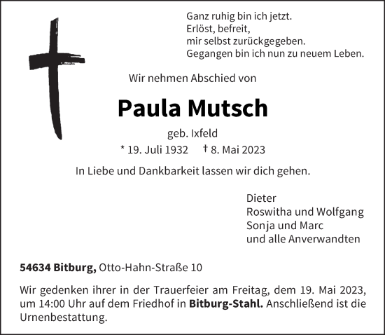 Todesanzeige von Paula Mutsch von trierischer_volksfreund