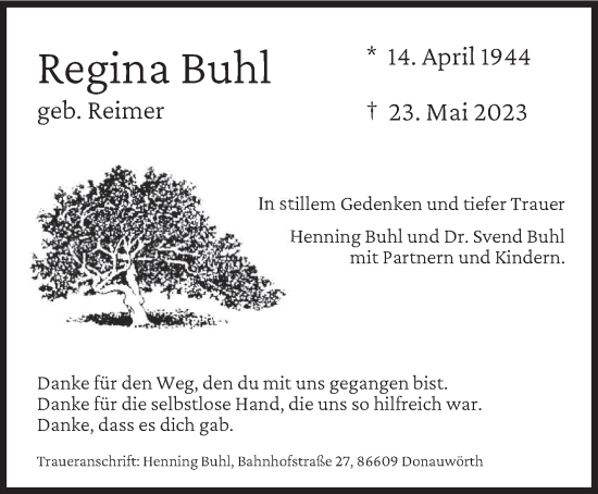 Todesanzeige von Regina Buhl von trierischer_volksfreund