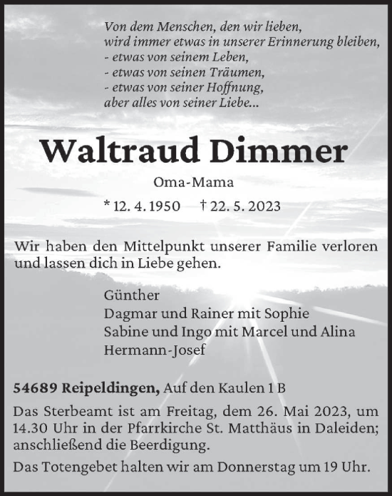 Todesanzeige von Waltraud Dimmer von trierischer_volksfreund