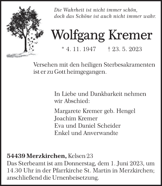 Todesanzeige von Wolfgang Kremer von trierischer_volksfreund