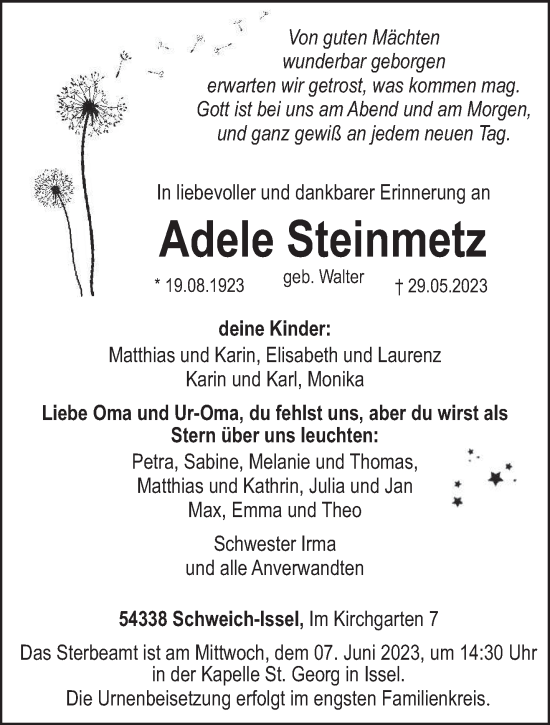 Todesanzeige von Adele Steinmetz von trierischer_volksfreund