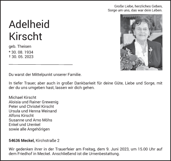 Todesanzeige von Adelheid Kirscht von trierischer_volksfreund