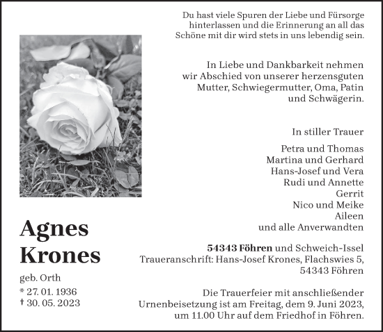 Todesanzeige von Agnes Krones von trierischer_volksfreund