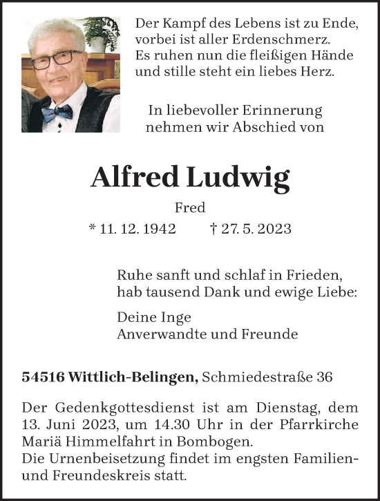 Todesanzeige von Alfred Ludwig von trierischer_volksfreund