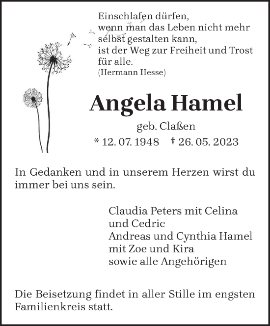 Todesanzeige von Angela Hamel von trierischer_volksfreund
