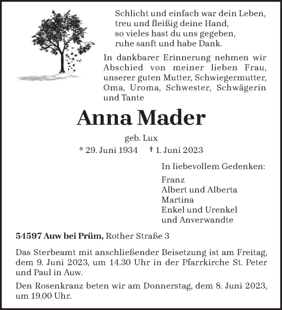 Todesanzeige von Anna Mader von trierischer_volksfreund